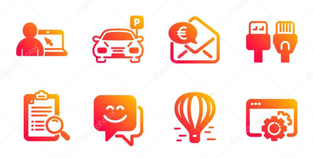 Computer cables, Euro money and Air balloon icons set. Online education, Smile face and Search analysis signs. Vector