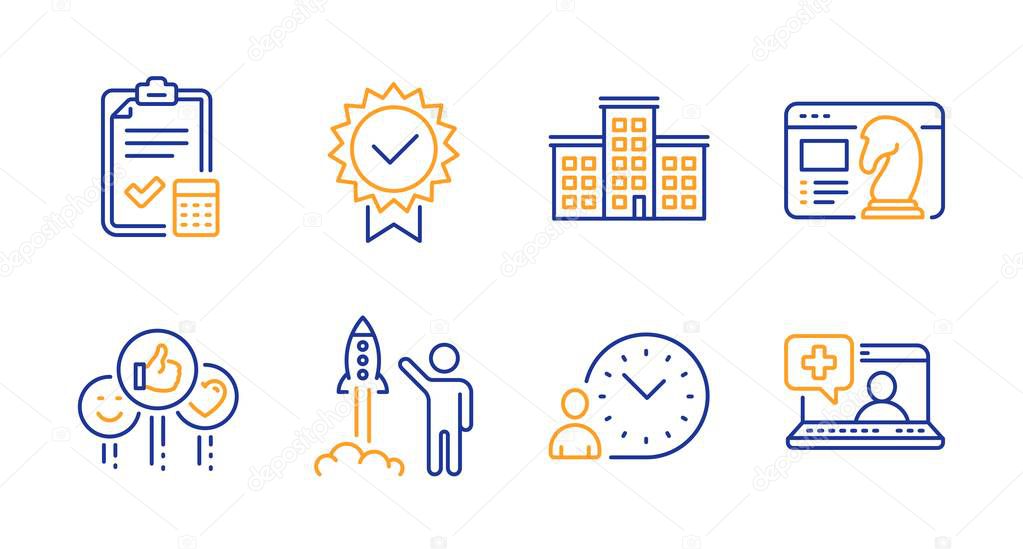 Company, Launch project and Seo strategy icons set. Time management, Like and Accounting checklist signs. Vector