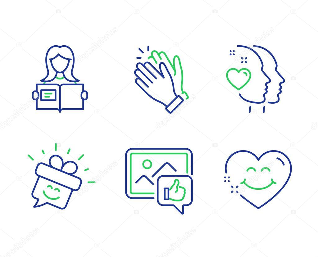 Clapping hands, Smile and Like photo icons set. Woman read, Heart and Smile face signs. Vector