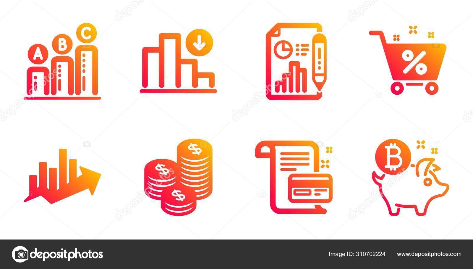 Coins, Growth chart and Report document icons set. Decreasing graph ...