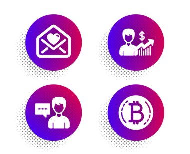 İş büyüme, Aşk mektubu ve Kişi konuşma simgeleri ayarlayın. Bitcoin işareti. Vektör