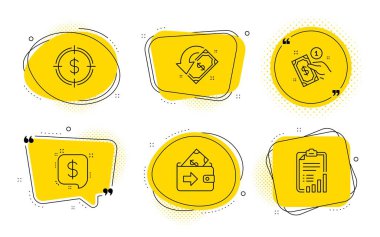 Cüzdan, Ödeme iletisi ve Cashback simgeleri ayarlandı. Ödeme yöntemi, Dolar hedefi ve Kontrol Listesi işaretleri. Vektör