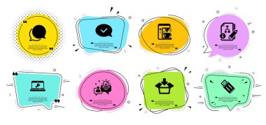 Sohbet mesajı, Fikir ve Kahve makinesi simgeleri ayarlayın. Algoritma, Kutu ve Onaylı ileti işaretleri alın. Vektör