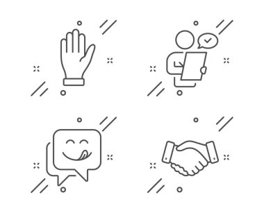 El, Yummy gülümseme ve Müşteri anket simgeleri ayarlayın. Çalışanlar el sıkışma işareti. Avuç sallamak, İfade, Sözleşme. Vektör