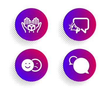 Bekleme kutusu, Megafon ve Benzeri simgeleri ayarlayın. Haberci işareti. Teslimat paketi, Marka mesajı, Sosyal medya sevmemek. Vektör