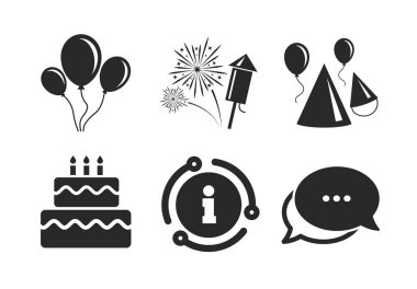 Doğum günü partisi. Pasta, balon, şapka ve havai fişek. Vektör