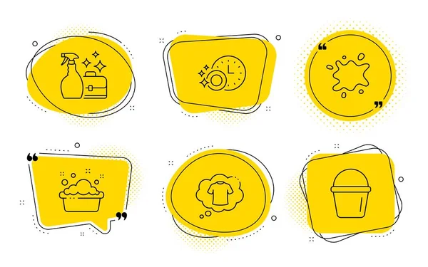 T-shirt, Dishwasher timer and Dirty spot icons set. Hand washing, Cleanser spray and Bucket signs. Vector — Stock Vector