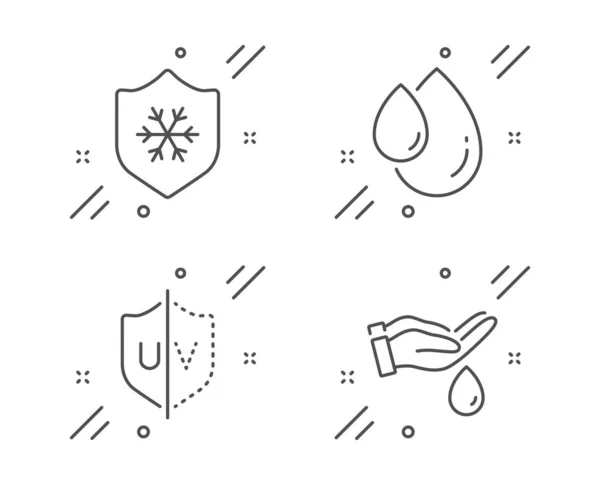 Schone huid, UV-bescherming en olie drop icons set. Wassen handen teken. Koud beschermen, ultraviolet, serum. Huidverzorging. Vector — Stockvector