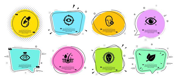 Health eye, Eye laser and Mint leaves icons set. Face detect, Serum oil and Problem skin signs. Vector