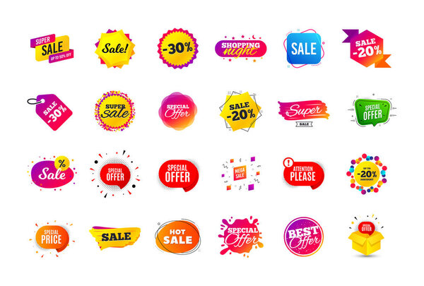Sale banner badge. Special offer discount tags. Coupon shape templates. Best offer badge. Super discount icons. Vector