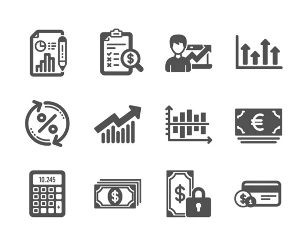 Conjunto de iconos de finanzas, como la moneda del euro, gráfico de diagramas, porcentaje de préstamos. Vector — Vector de stock