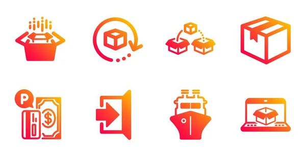 Parcel, Exit and Return package icons set. Parcel shipping, Packing boxes and Ship signs. Vector