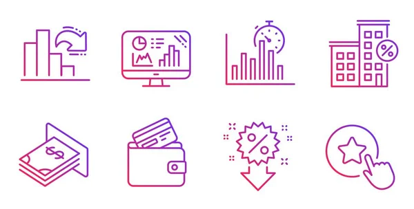 Cartão de débito, gráfico decrescente e ícones de casa de empréstimo definido. Gráfico analítico, temporizador de relatório e sinais de dinheiro do ATM. Vetor — Vetor de Stock