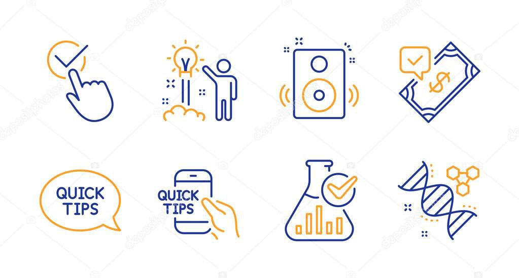 Speakers, Education and Quickstart guide icons set. Chemistry lab, Accepted payment and Creative idea signs. Vector