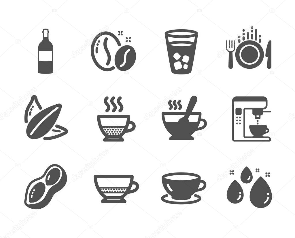 Set of Food and drink icons, such as Sunflower seed, Water drop, Tea cup. Vector