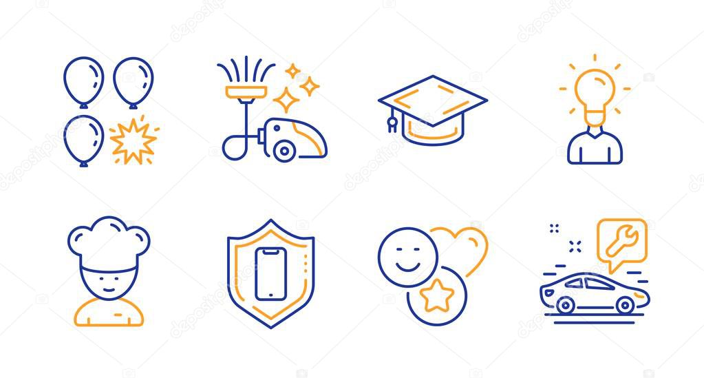 Vacuum cleaner, Balloon dart and Smartphone protection icons set. Education, Smile and Cooking chef signs. Vector