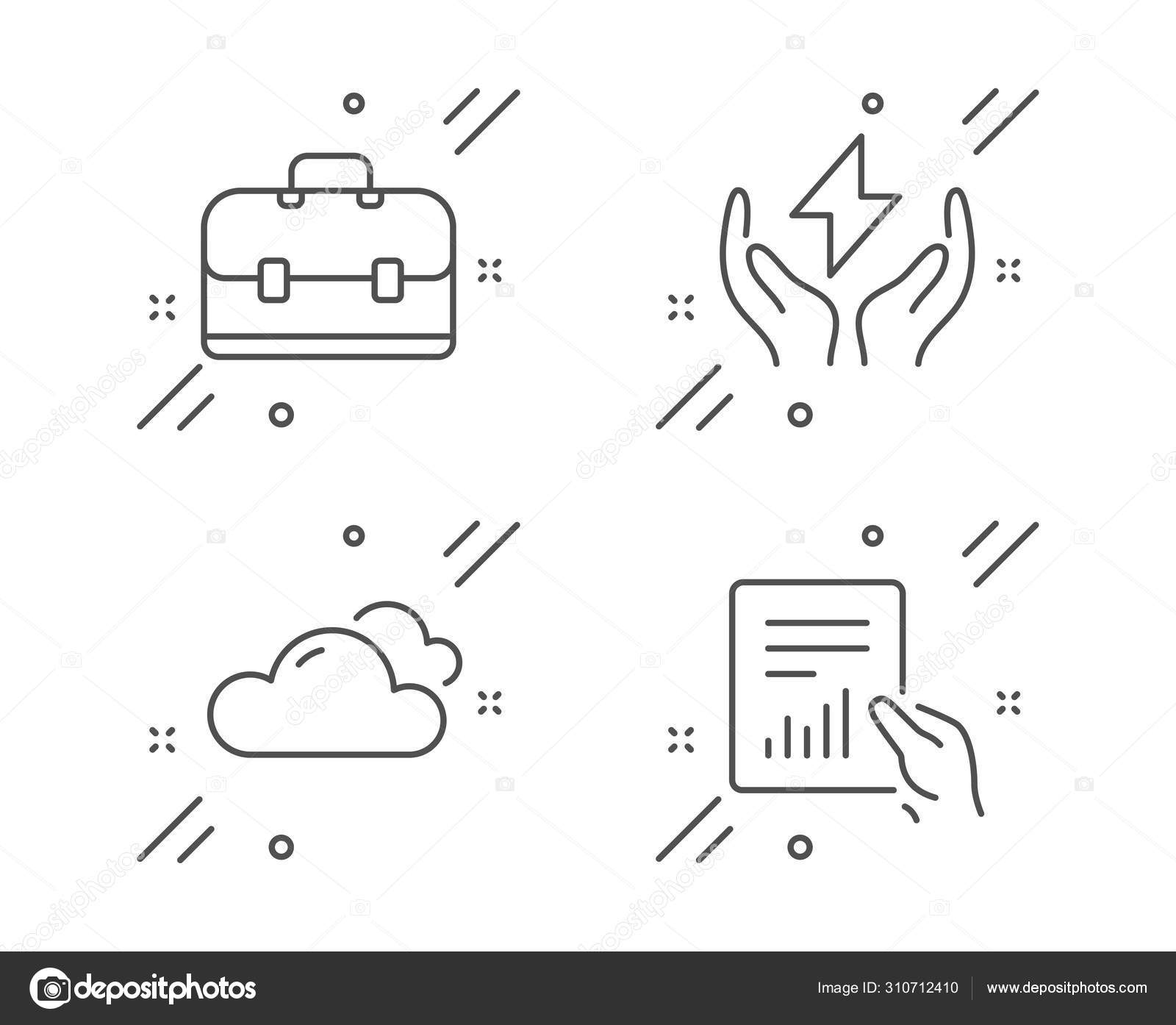 Bewolktes Wetter Sichere Energie Und Portfolio Symbole Gesetzt Urkundenzeichen Himmelsklima Blitz Business Case Vektor Stockvektor C Blankstock