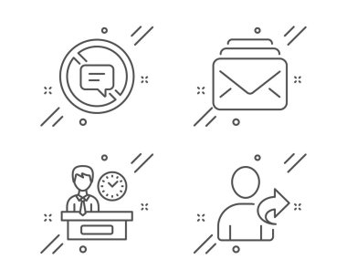 Posta, Konuşmayı Durdur ve Sunum zamanı simgeleri ayarlayın. Arkadaş işaretine bakın. Yeni mesajlar, Konuşma, Rapor. Vektör