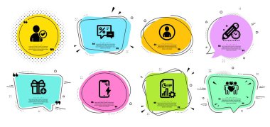 Rapor, Hediye ekle ve Kimlik onaylı simgeler ayarlayın. Avatar, İndirimler ve Aşk çift işaretleri. Vektör