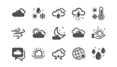 Hava durumu ve tahmin simgeleri. Bulutlu gökyüzü, kış kar tanesi ve termometre. Klasik set. Vektör