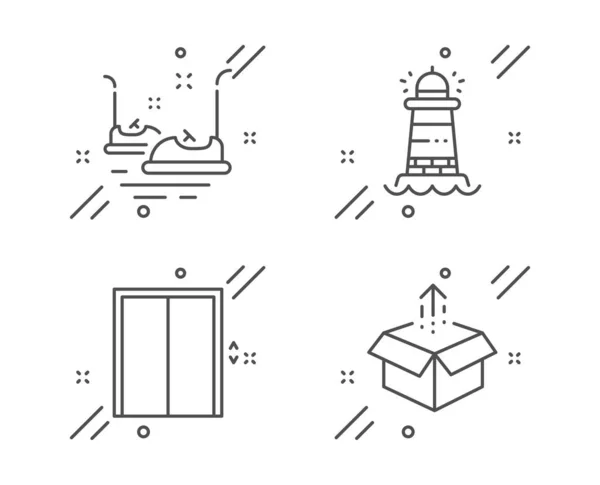 범퍼 자동차, 등대 및 리프트 아이콘 세트. 상자 기호를 보냅니다. 회전 목마, 서치 라이트 타워, 엘리베이터. 벡터 — 스톡 벡터