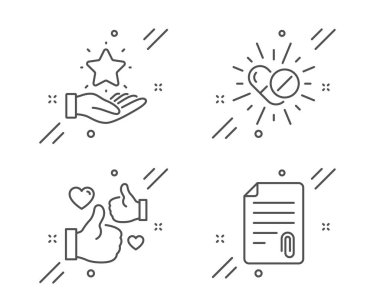 Tıbbi ilaçlar, Beğen ve Sadakat programı simgeleri ayarlayın. Ek işareti. İlaç hapları, Başparmaklar yukarı, Bonus yıldızı. Vektör