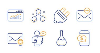 Müşteri anketi, yeni posta ve onaylanmış posta simgeleri. Elektrik prizi, kimya laboratuvarı ve internet trafik işaretleri. Vektör