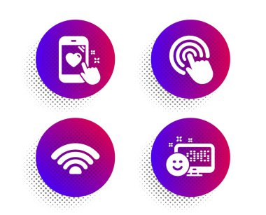 Wiifi, Click and Heart reyting simgeleri ayarlandı. Gülümse işareti. Wi-fi internet, imleç işaretleyici, telefon geri beslemesi. Vektör