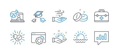 Tıbbi tablet, şapka fırlatma, rüzgar enerjisi gibi bilim simgeleri. Vektör