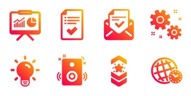 Onaylanmış kontrol listesi, ampul ve Hoparlör simgeleri ayarlandı. Onaylanmış posta, omuz kayışı ve iş tabelaları. Vektör