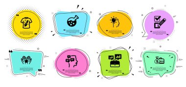 İşaretleme kutusu, iş portföyü ve İleti simgeleri ayarlandı. Fikir, tişört tasarımı ve sıralama işaretleri. Vektör