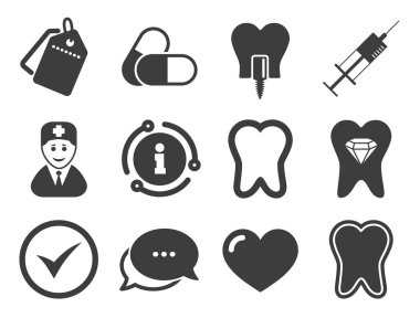 Diş bakımı ikonları. Stomatoloji işaretleri. Vektör
