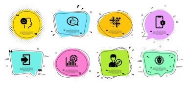 Akıllı telefon koruması, iyi ruh hali ve geri bildirim simgeleri ayarlandı. Yüz tanıma, giriş ve kimya DNA işaretleri. Vektör