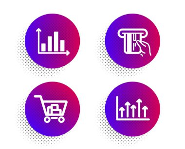 Kredi kartı, Diyagram grafiği ve Internet alışveriş simgeleri ayarlayın. Büyüme grafiği işareti. Vektör