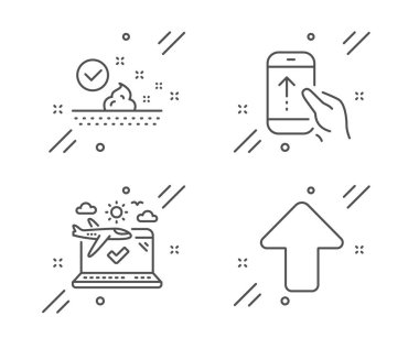 Uçak yolculuğu, sürtünme ve cilt bakım simgeleri ayarlandı. Gönderme işareti. Kayıt, kaydırma ekranı, yüz kremi. Vektör