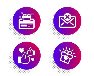 Reddedilmiş posta, Sadakat ve Sadakat kartı simgeleri ayarlandı. Hediyeye bayılırım. Mektubu sil, Başparmaklar yukarı, bonus puanlar. Vektör