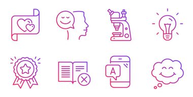 Mikroskop, iyi ruh hali ve Reddedilme kitabı simgeleri. Aşk mektubu, fikir ve Ab test işaretleri. Vektör