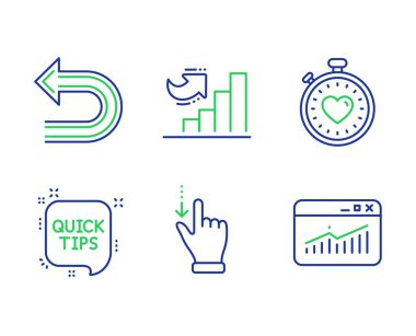 Kalp atışı zamanlayıcısı, Dokunmatik ekran hareketi ve Büyüme grafik simgeleri ayarlanır. Hızlı ipuçları, Geri Ve Web Sitesi istatistikleri işaretleri. Vektör