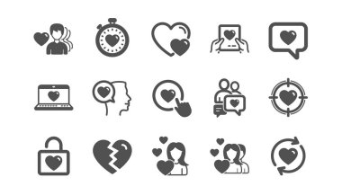 Aşk ikonları. Kalp, Sevgililer Günü ve İlişkiler. Klasik simge seti. Vektör