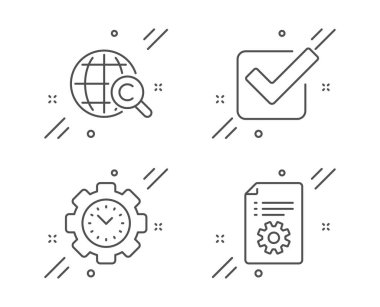 Uluslararası şah-kutucuğu ve zaman yönetim simgeleri ayarlandı. Teknik belge imzası. Vektör