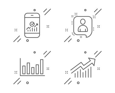 Akıllı telefon istatistikleri, sütun grafikleri ve geliştiriciler sohbet simgeleri seti. Eğri işareti talep et. Vektör