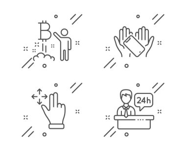 Akıllı telefon tutma, hareketli jest ve Bitcoin proje simgeleri ayarlandı. Resepsiyon imzası. Vektör