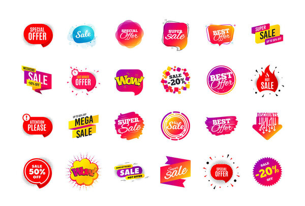 Sale banner badge. Special offer discount tags. Coupon shape templates. Best offer badge. Super discount icons. Vector