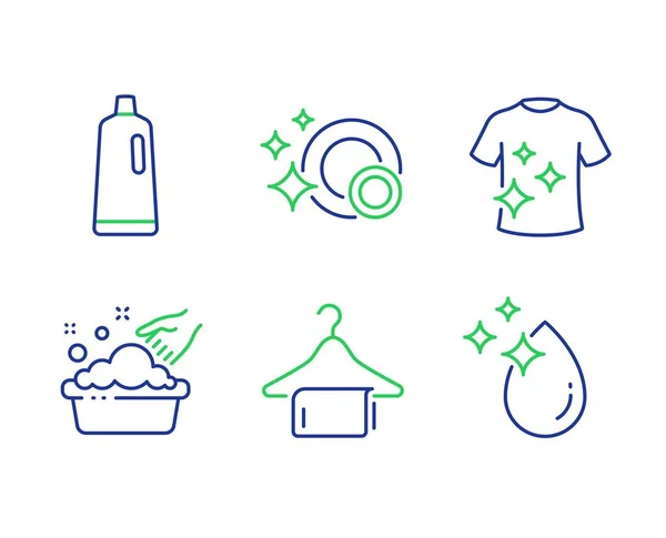 T-shirt propre, lavage des mains et vaisselle propre icônes ensemble. Shampooing, signes de goutte d'eau. Vecteur — Image vectorielle