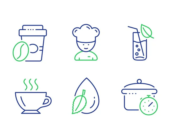 Conjunto de ícones de café, café e água Takeaway. Cozinhar chef, gota de água e placas de panela de ebulição. Vetor — Vetor de Stock