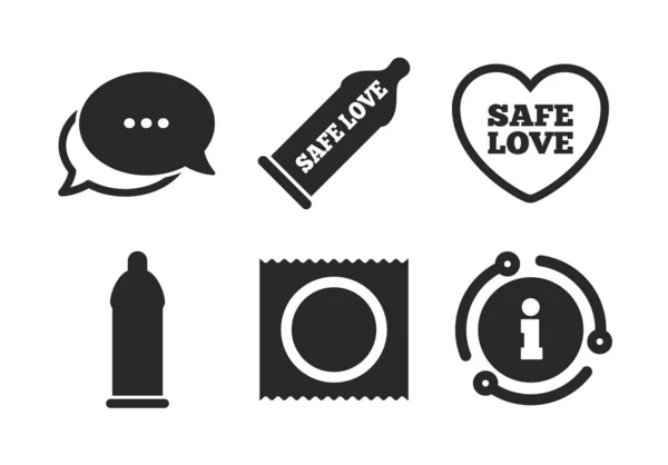 Bezpieczne ikony seksu miłosne. Prezerwatywy w symbolach opakowań. Wektor — Wektor stockowy