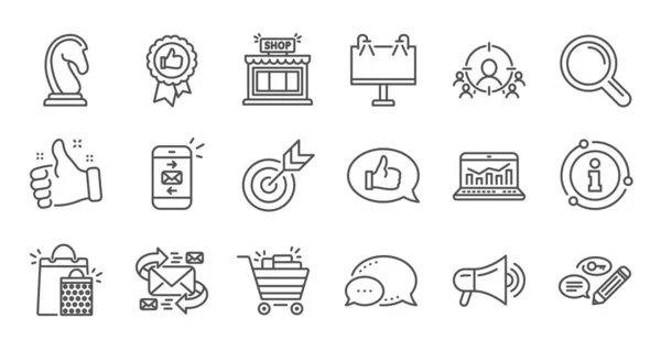 Marketing, onderzoekslijn iconen. Strategie, feedback en reclamebureau. Lineaire icon set. Vector — Stockvector