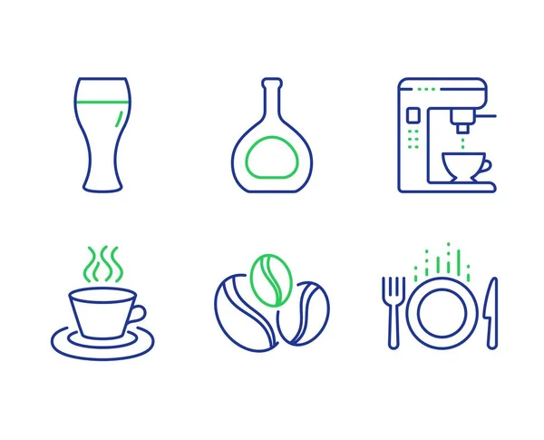 Grãos de café, xícara de chá e conjunto de ícones de vidro de cerveja. Garrafa de conhaque, cafeteira e sinais de comida. Vetor — Vetor de Stock
