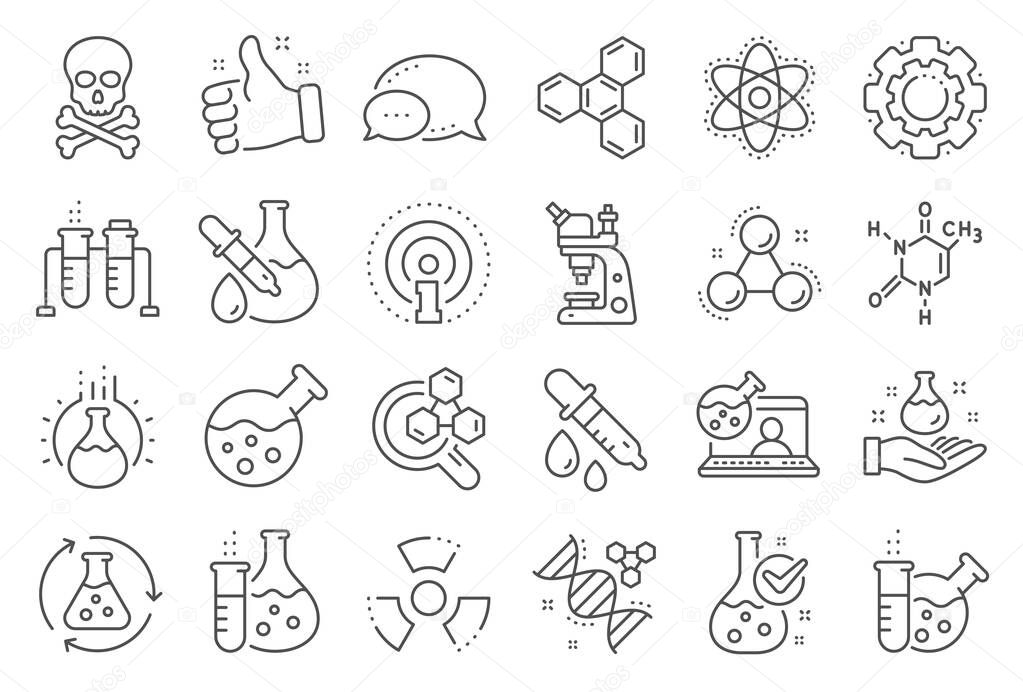 Chemistry lab line icons. Chemical formula, Microscope and Medical analysis. Vector