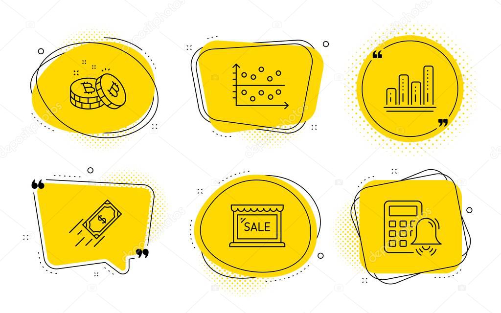 Dot plot, Fast payment and Sale icons set. Graph chart, Bitcoin and Calculator alarm signs. Vector